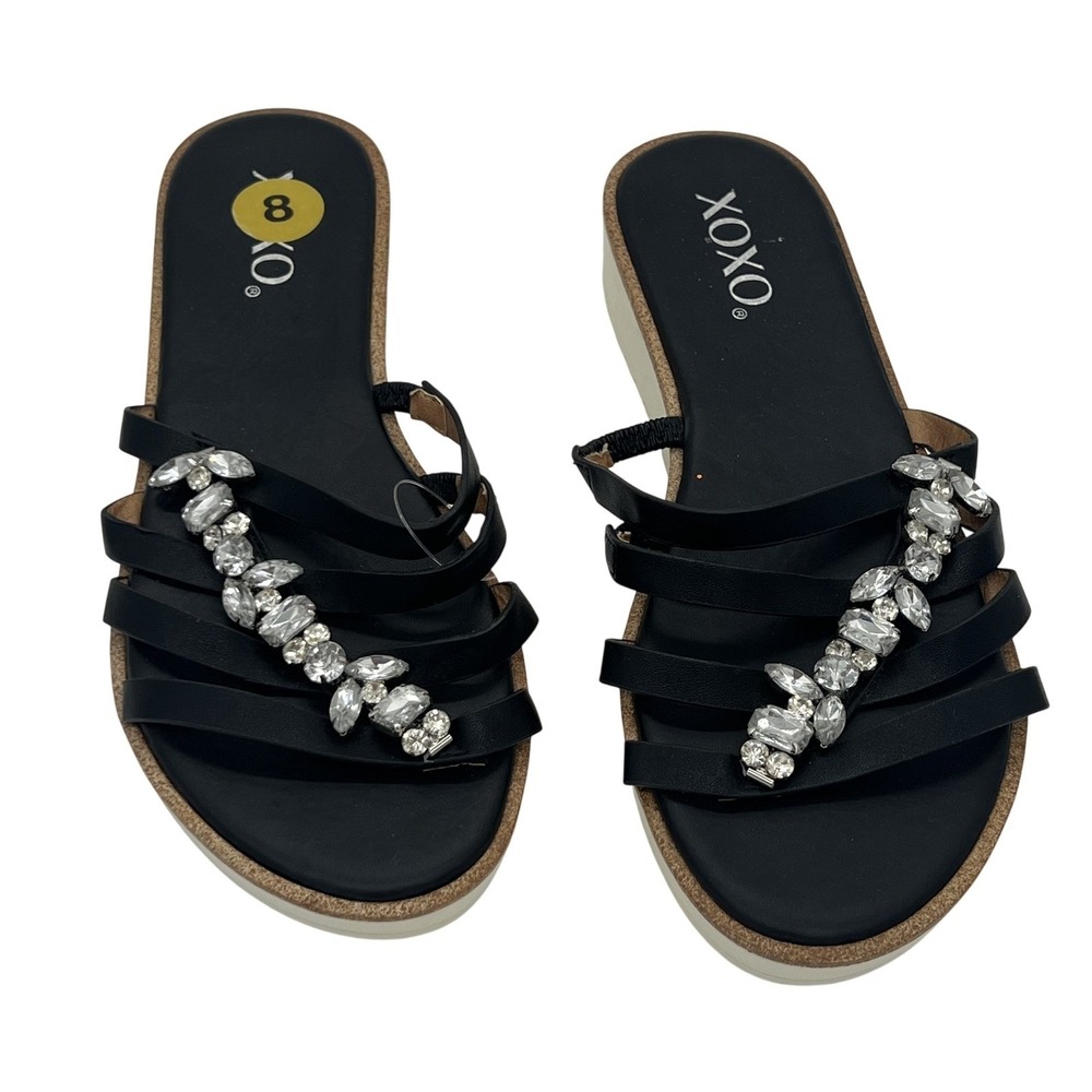 XOXO Women's Black‎ Rhinestone Embellished Slip-On Flat Platform Sandals US 8